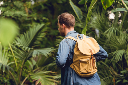 Traveler with backpack walking  in green tropical forestの写真素材