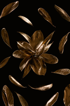 Top view of gold metal flower with leaves isolated on black backgroundの写真素材