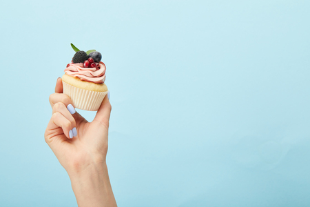 Partial view of woman holding cupcake with cream isolated on blue backgroundの写真素材