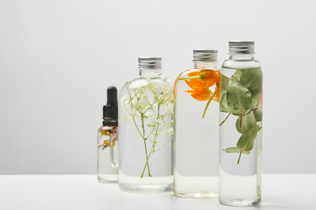 Organic beauty products in transparent bottles with herbs and wildflowers isolated on grey backgroundの写真素材