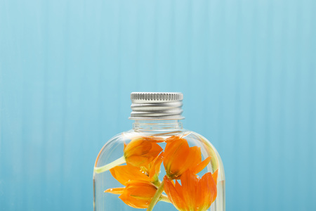 Close up of organic beauty product with orange flowers in bottle on blue background with copy spaceの写真素材