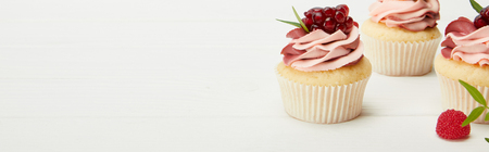 Panoramic shot of sweet cupcakes with garnet on white surfaceの写真素材