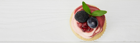 Panoramic shot of cupcake with cream, garnet and berries on white surfaceの写真素材