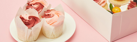 Panoramic shot of tasty cupcakes on white plate and in box on pink surfaceの写真素材