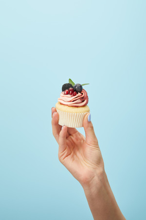 Partial view of woman holding cupcake with cream isolated on blue backgroundの写真素材