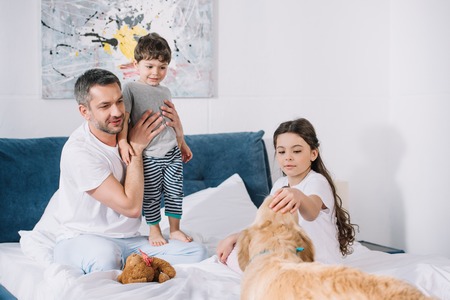 cheerful father holding in arms cute toddler and looking at pet near daughterの写真素材