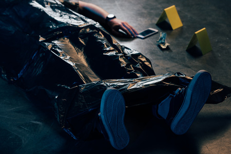 partial view of covered corpse and evidences at crime sceneの写真素材