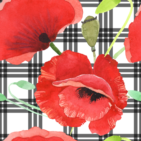 Red poppy botanical flowers. Wild spring leaf wildflower. Watercolor illustration set. Watercolour drawing fashion aquarelle isolated. Seamless background pattern. Fabric wallpaper print texture.の写真素材