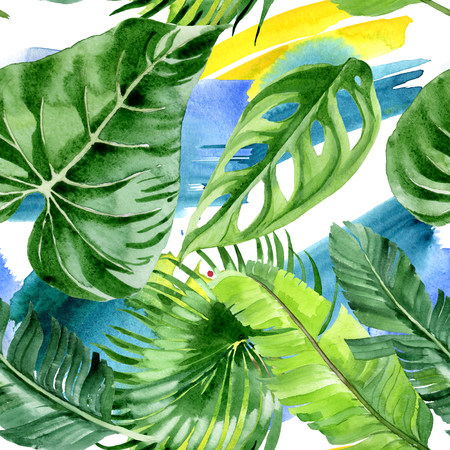 Exotic tropical hawaiian summer. Palm beach tree leaves jungle botanical. Watercolor illustration set. Watercolour drawing aquarelle. Seamless background pattern. Fabric wallpaper print texture.の写真素材