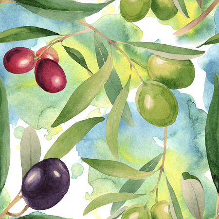 Fresh olives healthy food. Watercolor background illustration set. Watercolour drawing fashion aquarelle isolated. Seamless background pattern. Fabric wallpaper print texture.の写真素材