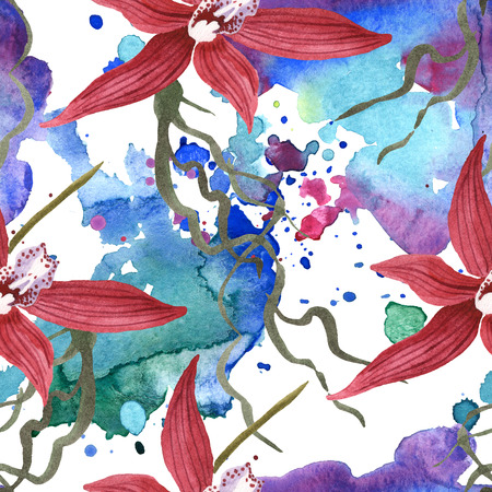 Marsala orchid botanical flowers. Wild spring leaf wildflower isolated. Watercolor illustration set. Watercolour drawing fashion aquarelle. Seamless background pattern. Fabric wallpaper print texture.の写真素材