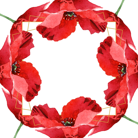 Red poppy floral botanical flowers. Wild spring leaf wildflower isolated. Watercolor background illustration set. Watercolour drawing fashion aquarelle isolated. Frame border ornament square.の写真素材