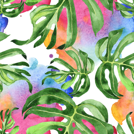 Palm beach tree leaves jungle botanical. Watercolor illustration set. Watercolour drawing fashion aquarelle. Seamless background pattern. Fabric wallpaper print texture.の写真素材