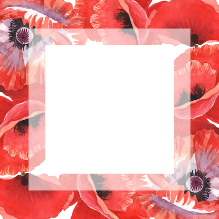 Red poppy floral botanical flowers. Wild spring leaf wildflower isolated. Watercolor background illustration set. Watercolour drawing fashion aquarelle isolated. Frame border ornament square.の写真素材