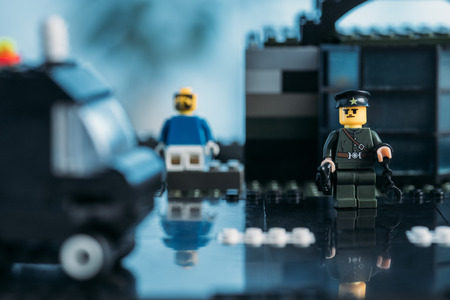 KYIV, UKRAINE - MARCH 15, 2019: Selective Focus of lego policeman figurine with handcuffsのeditorial素材