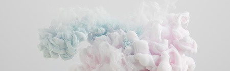 Close up view of light pink and light blue paint mixing isolated on greyの写真素材
