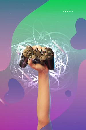 Cropped view of woman holding joystick in hand on purple and green gradient background with abstract...