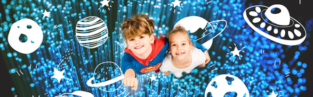 Panoramic shot of cheerful kids flying is blue space on white background
