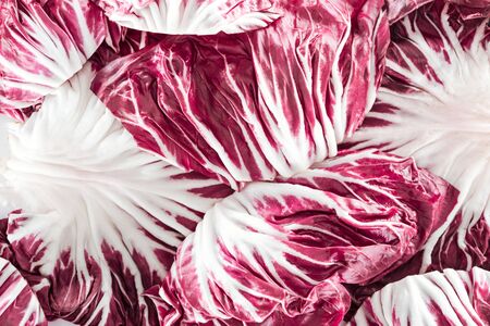 top view of fresh bright textured red cabbage leavesの写真素材