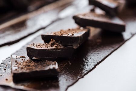 Selective focus of pieces of chocolate bar with cocoa powderの写真素材