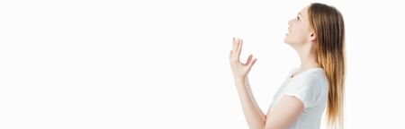 side view of irritated teenage girl gesturing isolated on white, panoramic shot