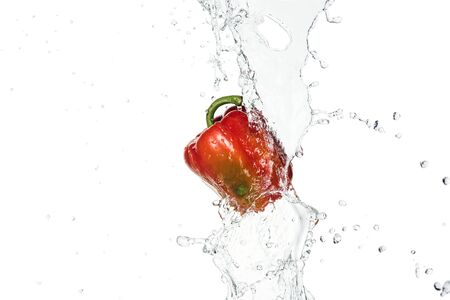 tasty fresh red bell pepper with clear water splash and drops isolated on whiteの写真素材