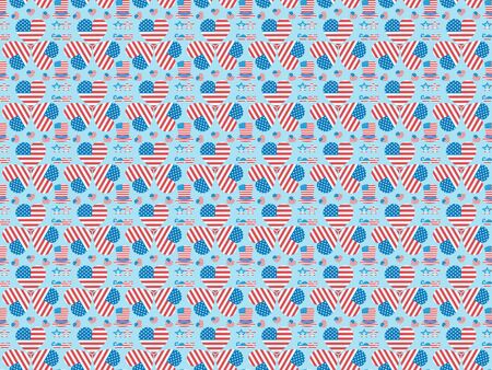 seamless background pattern with mustache, glasses, hats and hearts made of national american flags on blueの写真素材