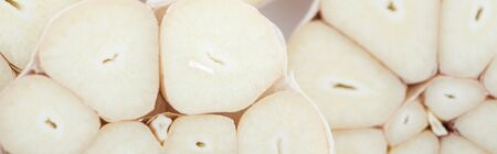 close up view of spicy white cut garlic cloves, panoramic shot