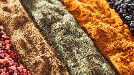 close up view of traditional various indian spices in rowsの写真素材