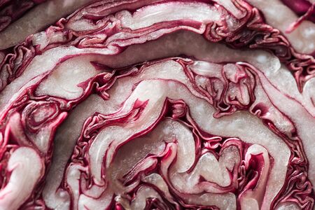 close up view of fresh cut nutritious red cabbageの写真素材
