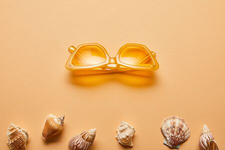 Top view of marine textured seashells and stylish sunglasses on beige backgroundの写真素材
