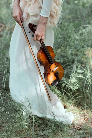 Cropped view of woman in white swan costume holding violinの写真素材