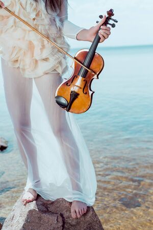 Cropped view of beautiful woman in white swan costume standing on river background with violinの写真素材