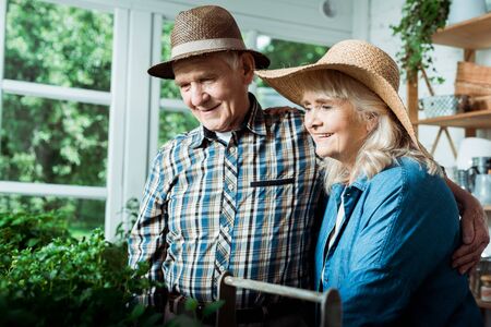 Cheerful retired man and woman smiling while looking at green plantsの写真素材