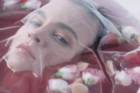 beautiful woman covered with white mesh cloth in pink water with rose petalsの写真素材