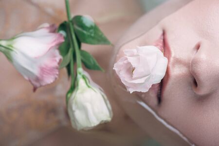Top view of attractive woman lying in clear water with rose in mouth