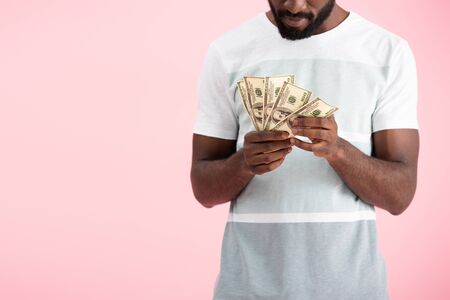 Cropped view of African American man holding dollars banknotes, isolated on pink backgroundの写真素材