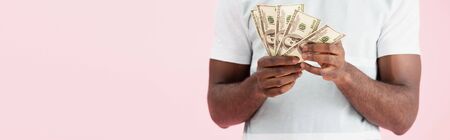 Cropped view of African American man holding dollars banknotes, isolated on pink background