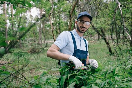 Smiling gardener in protective glasses and cap looking at camera while pruning bushes with trimmer...