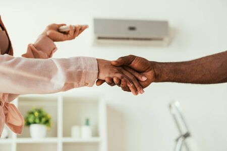 Cropped view of African american woman and handyman shaking handsの写真素材