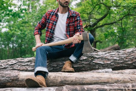 Partial view of lumberjack holding ax while sitting on logs in forest and holding axの写真素材