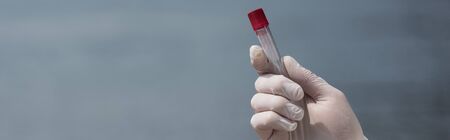 panoramic shot of water inspector in latex glove holding test tube