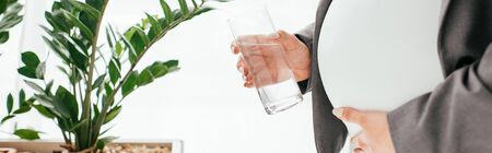 panoramic shot of pregnant woman holding glass with water while standing neat flowerpot with plantの写真素材