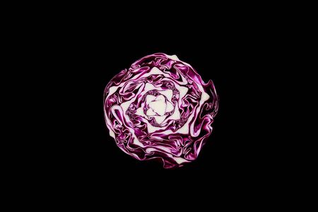 top view of fresh organic red cabbage isolated on blackの写真素材