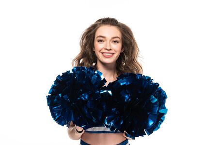 happy cheerleader girl in blue uniform holding pompoms isolated on white
