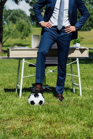 Cropped view of businessman standing with leg on soccer ball near table in park with hands on hipsの写真素材