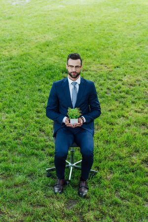 high angle view of young businessman holding flowerpot with plant while sitting in park in office chairの写真素材