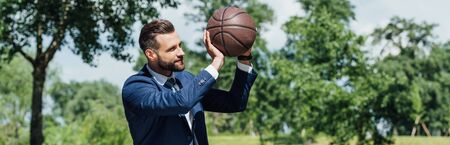 panoramic shot of businessman holding basketball and looking away while standing in parkの写真素材