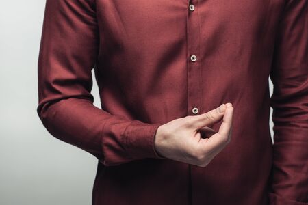 cropped view of man showing money gesture isolated on grey, human emotion and expression conceptの写真素材
