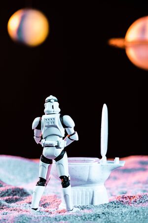 KYIV, UKRAINE - MAY 25, 2019: white imperial stormtrooper using toilet in spaceのeditorial素材